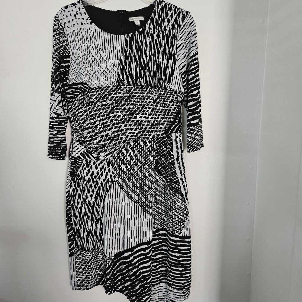 Cato Women's Dress Sz 10 Black White Geo Design 3/4Sleeve Pullover Stretch